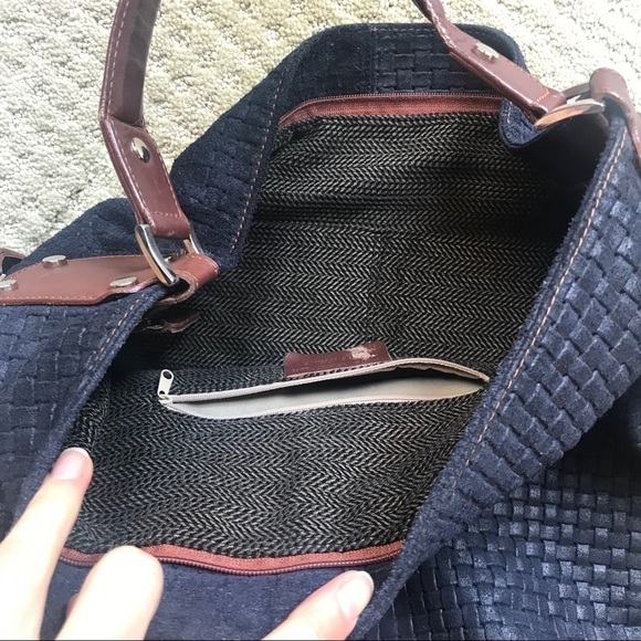 GENUINE Leather Woven Blue and Brown Hobo Tote Bag - Picture 4 of 8